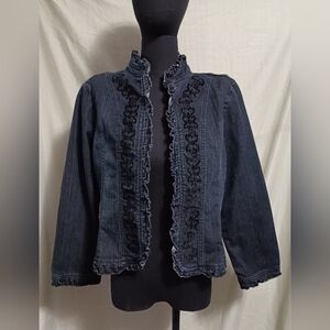 Petite Sophisticate Blue Denim Ruffle-Trim Jean Jacket Velvet Detail Design